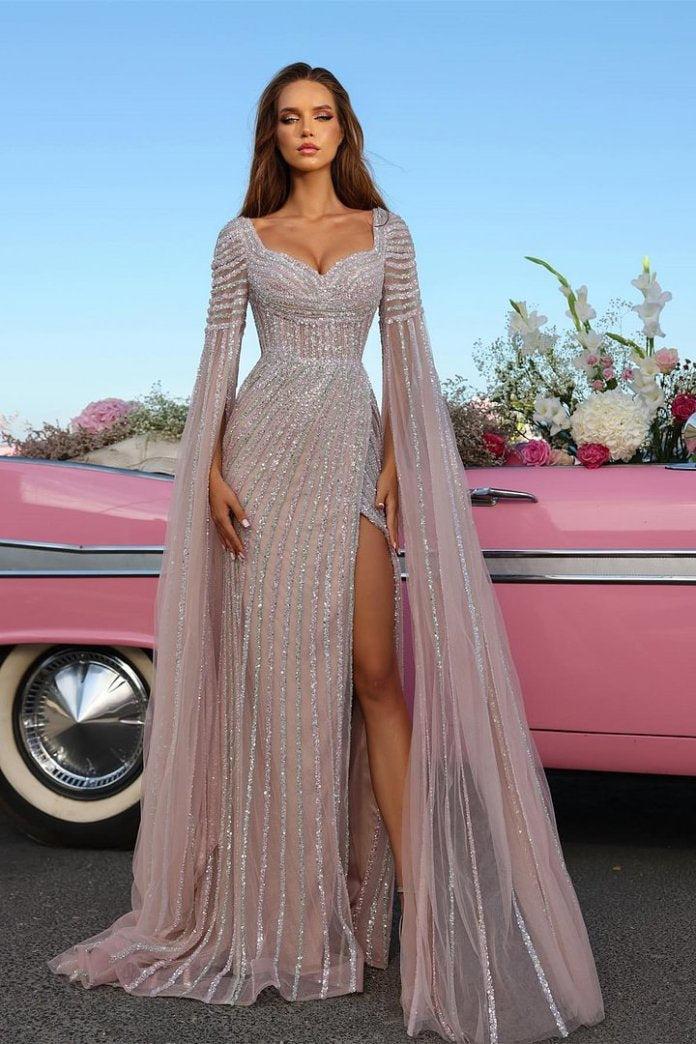 Dressystars Beaded Cap Sleeve Prom Dress Sheath Formal Dress with Slit