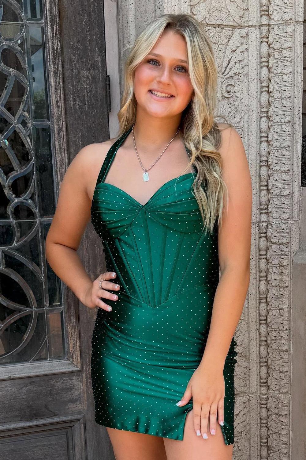 Dressystars Beaded Dark Green Corset Bodycon Halter Short Homecoming Dress
