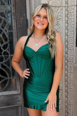 Dressystars Beaded Dark Green Corset Bodycon Halter Short Homecoming Dress