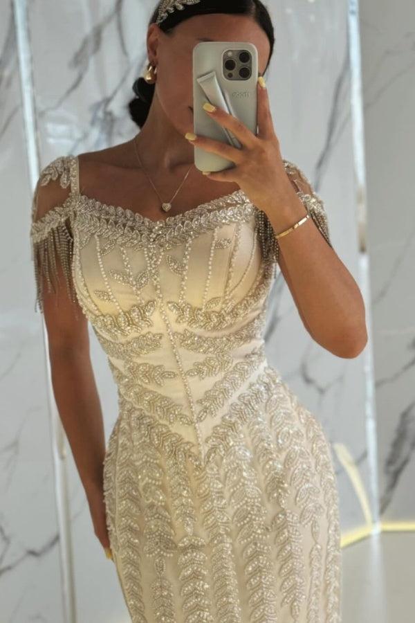 Dressystars Beaded Formal Dress Sheath/Column Cap Sleeve Evening Gown