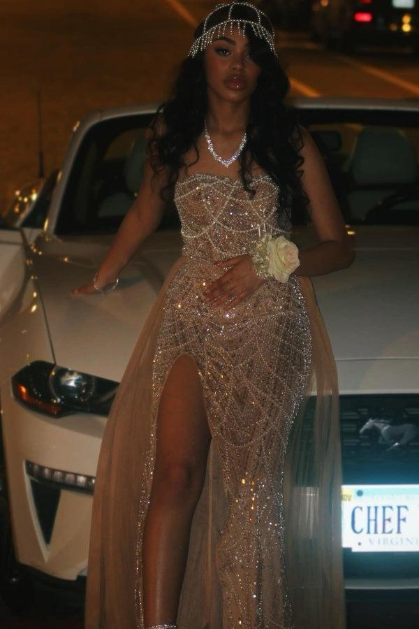 Dressystars Beaded Formal Dress Strapless Sheath Wedding Party Dress with Panel Train