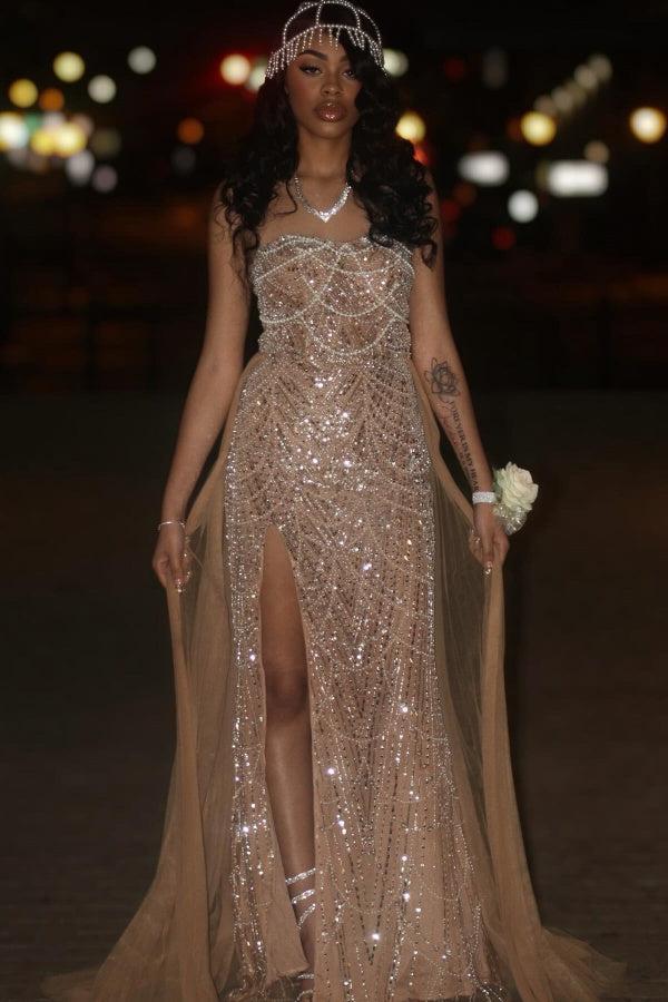 Dressystars Beaded Formal Dress Strapless Sheath Wedding Party Dress with Panel Train