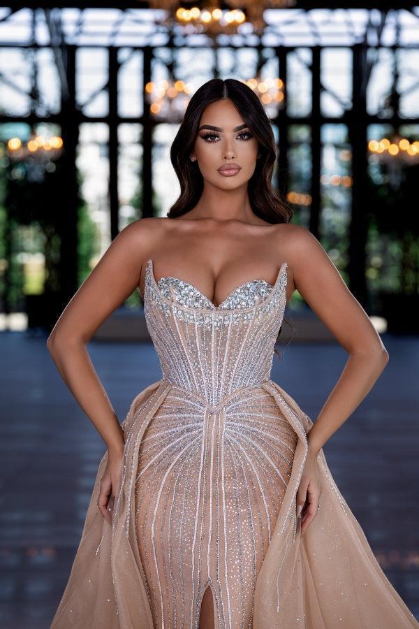 Dressystars Beaded Formal Dress Sweetheart Chamapgne Panel Train Prom Evening Gown