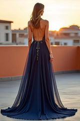 Dressystars Beaded Navy Wedding Guest Dress Halter Long Formal Dress With Embroideries