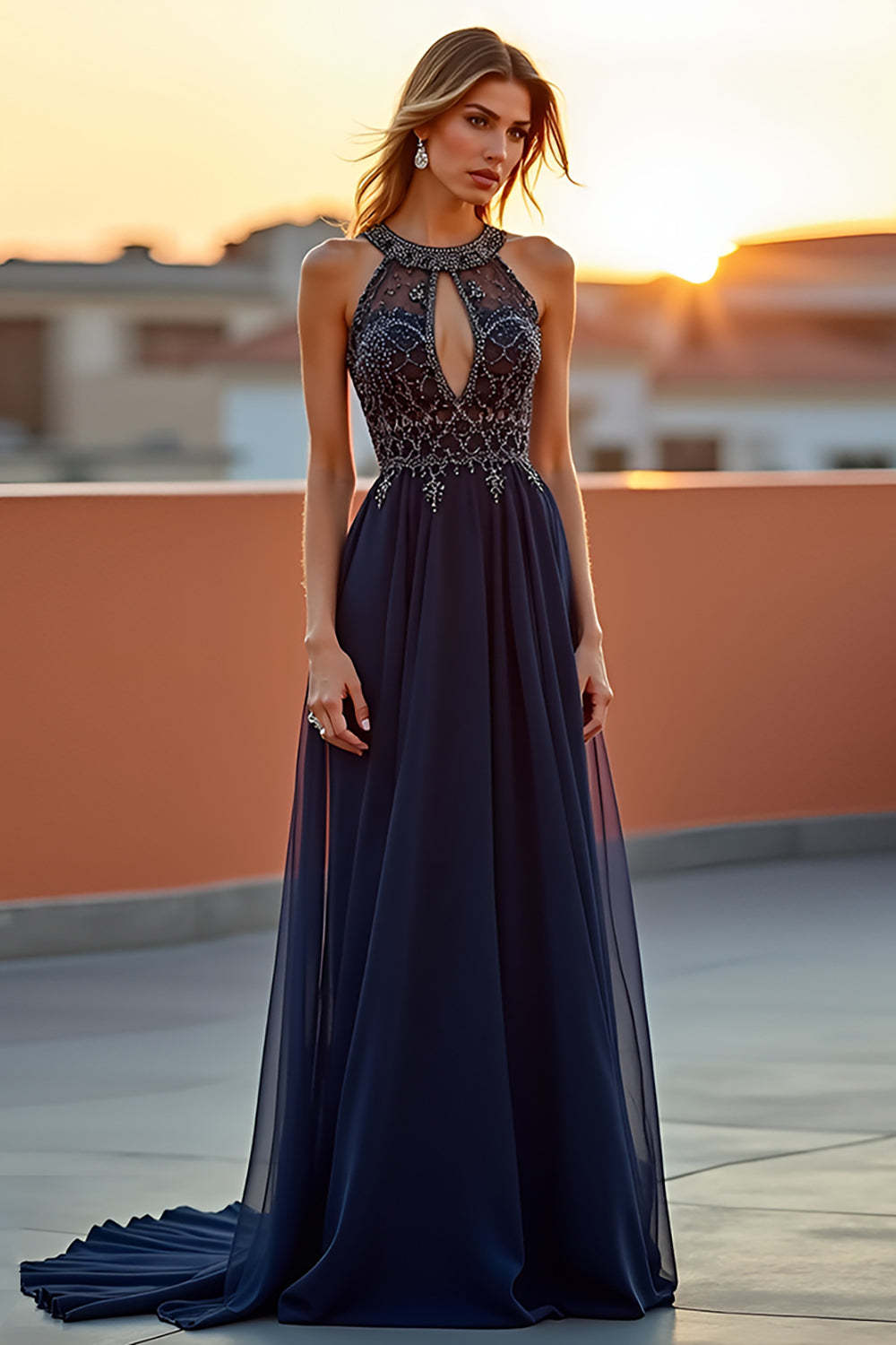 Dressystars Beaded Navy Wedding Guest Dress Halter Long Formal Dress With Embroideries