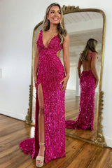 Dressystars Beaded Prom Dress With Deep V Neck Slit And Open Back Formal Evening Gown