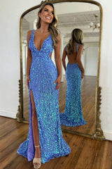 Dressystars Beaded Prom Dress With Deep V Neck Slit And Open Back Formal Evening Gown