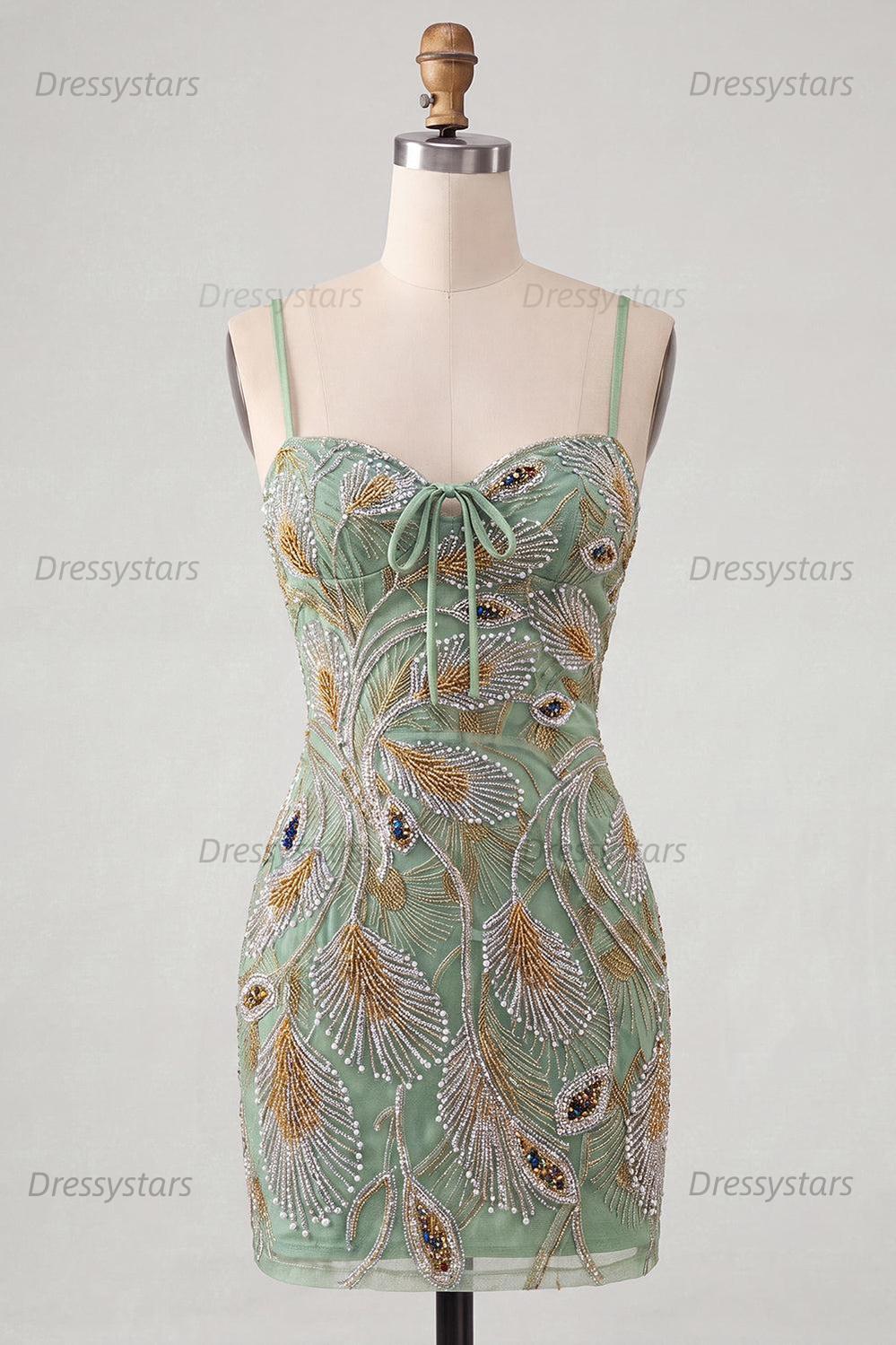 Dressystars Beaded Sage Green Tight Short Homecoming Dress with Bow