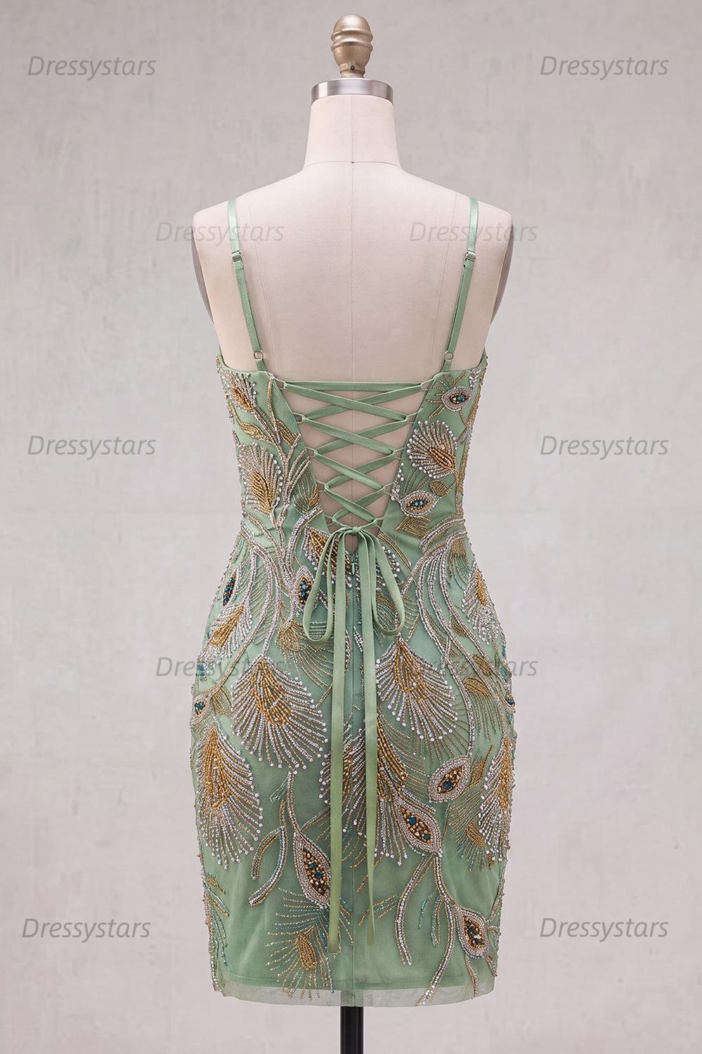 Dressystars Beaded Sage Green Tight Short Homecoming Dress with Bow