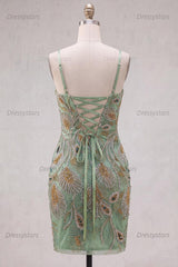 Dressystars Beaded Sage Green Tight Short Homecoming Dress with Bow