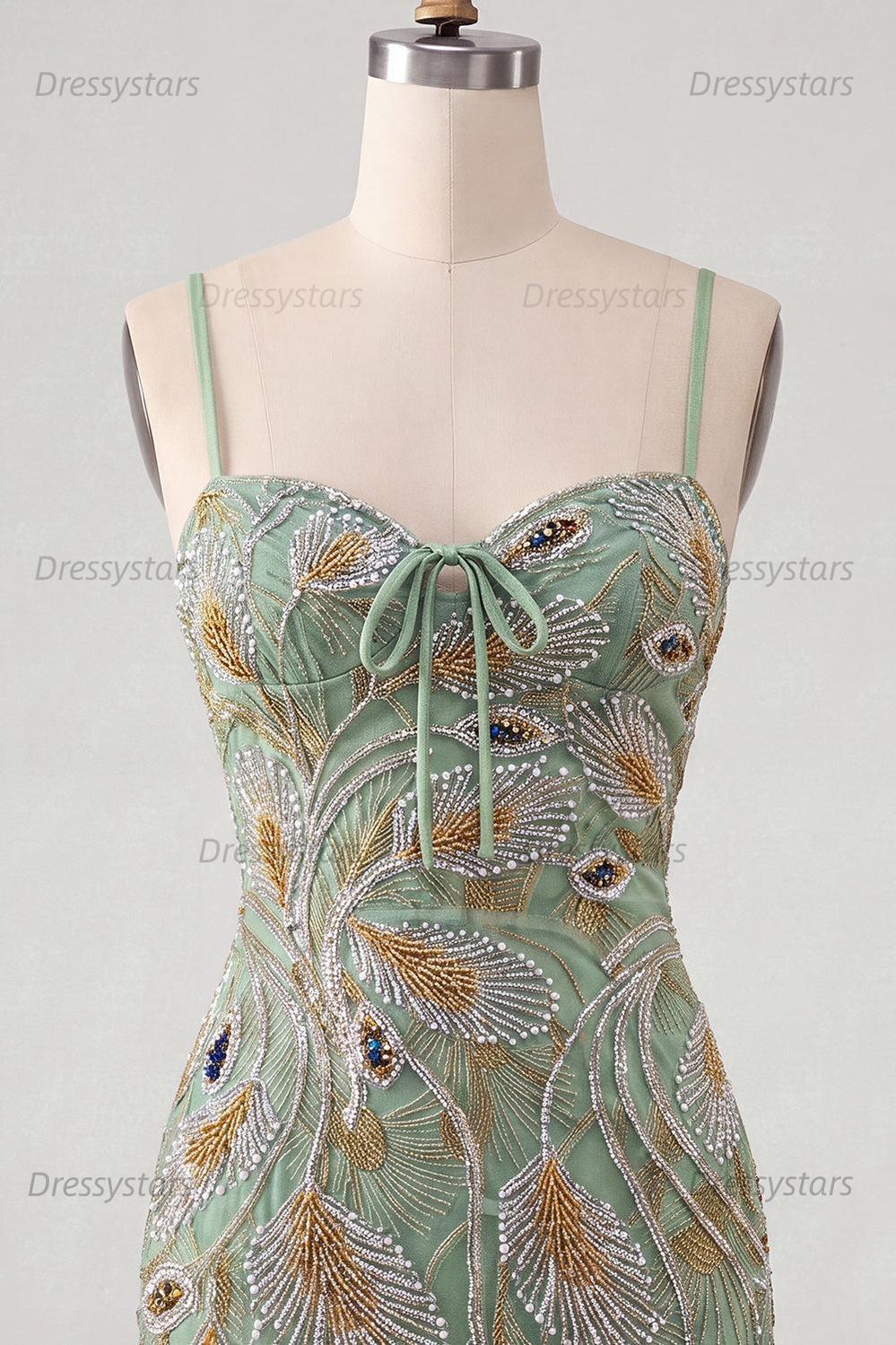 Dressystars Beaded Sage Green Tight Short Homecoming Dress with Bow