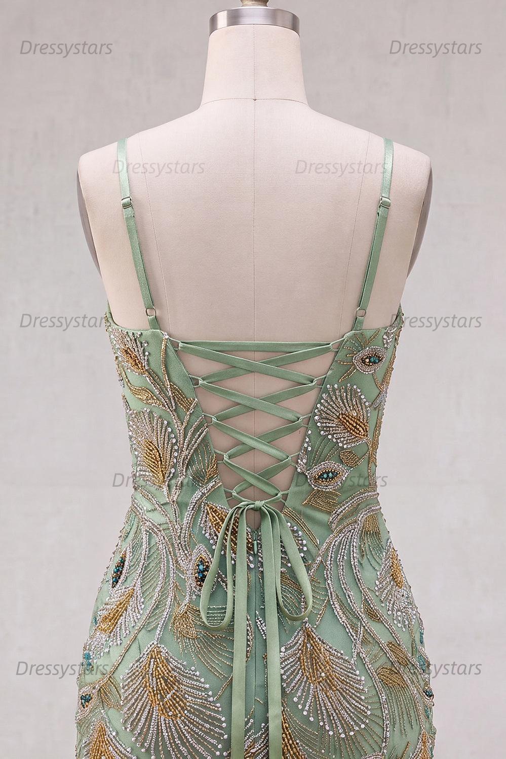 Dressystars Beaded Sage Green Tight Short Homecoming Dress with Bow