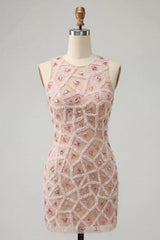 Dressystars Beaded Sequin Blush Round Neck Tight Short Homecoming Dress