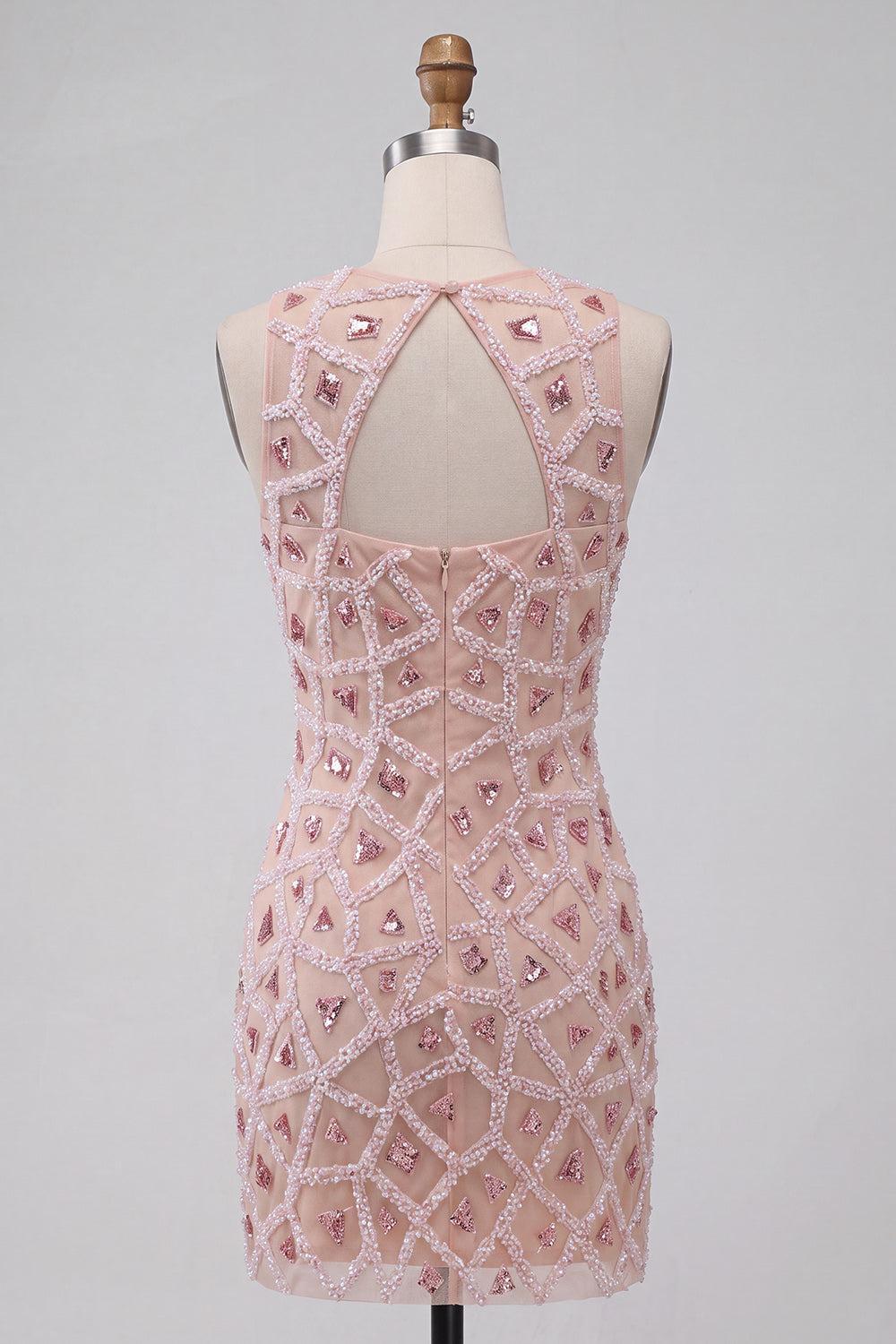 Dressystars Beaded Sequin Blush Round Neck Tight Short Homecoming Dress