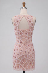 Dressystars Beaded Sequin Blush Round Neck Tight Short Homecoming Dress