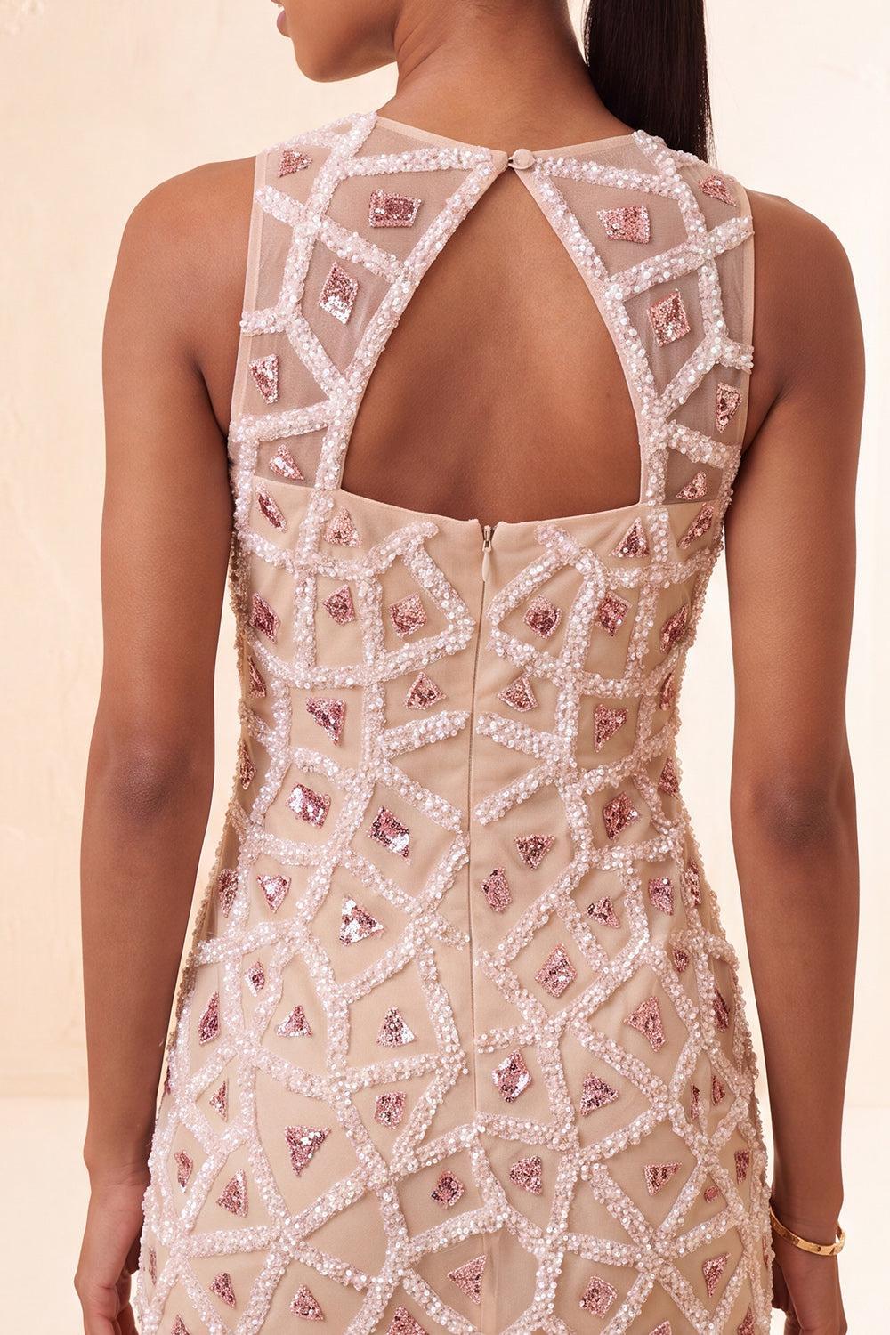 Dressystars Beaded Sequin Blush Round Neck Tight Short Homecoming Dress