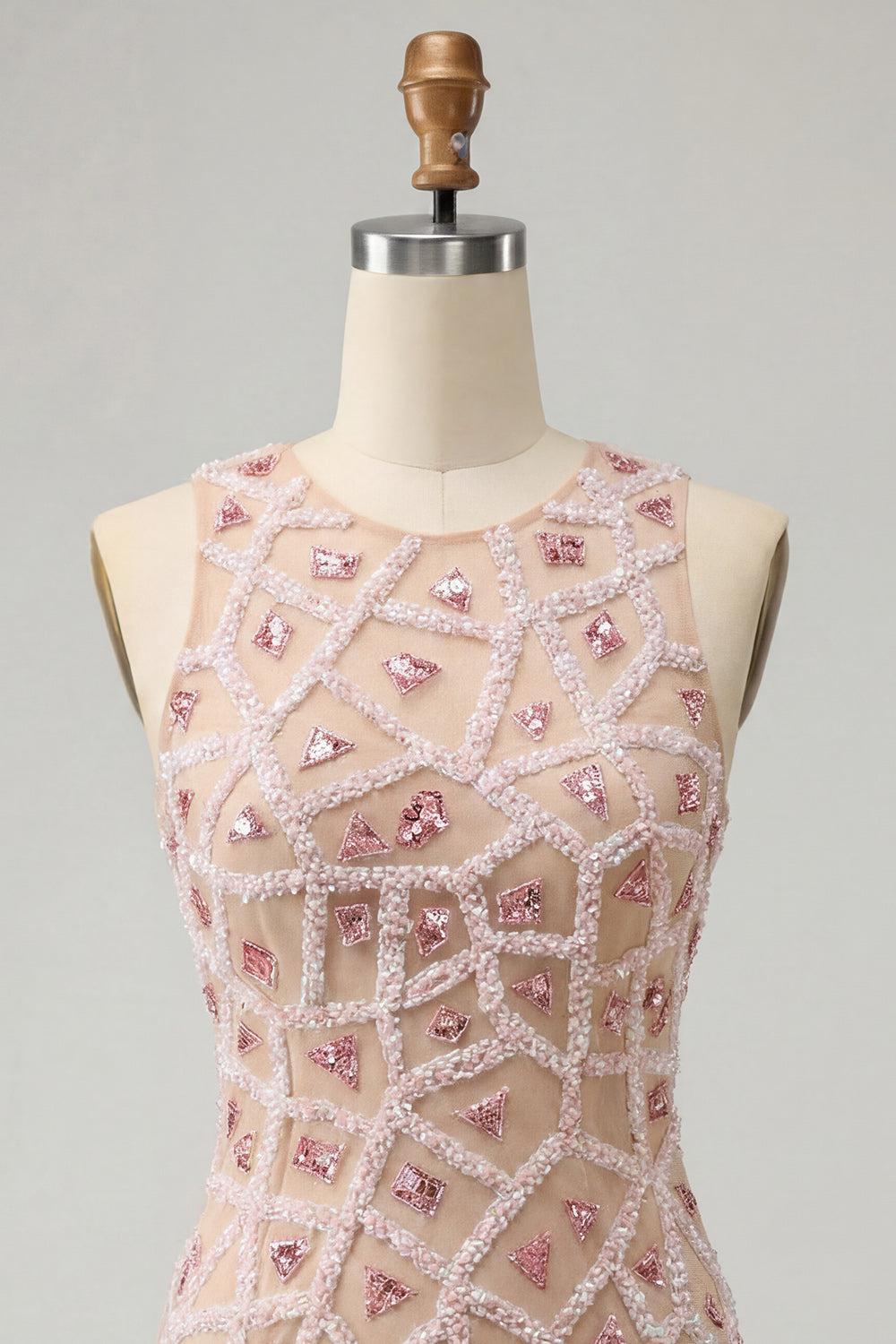 Dressystars Beaded Sequin Blush Round Neck Tight Short Homecoming Dress