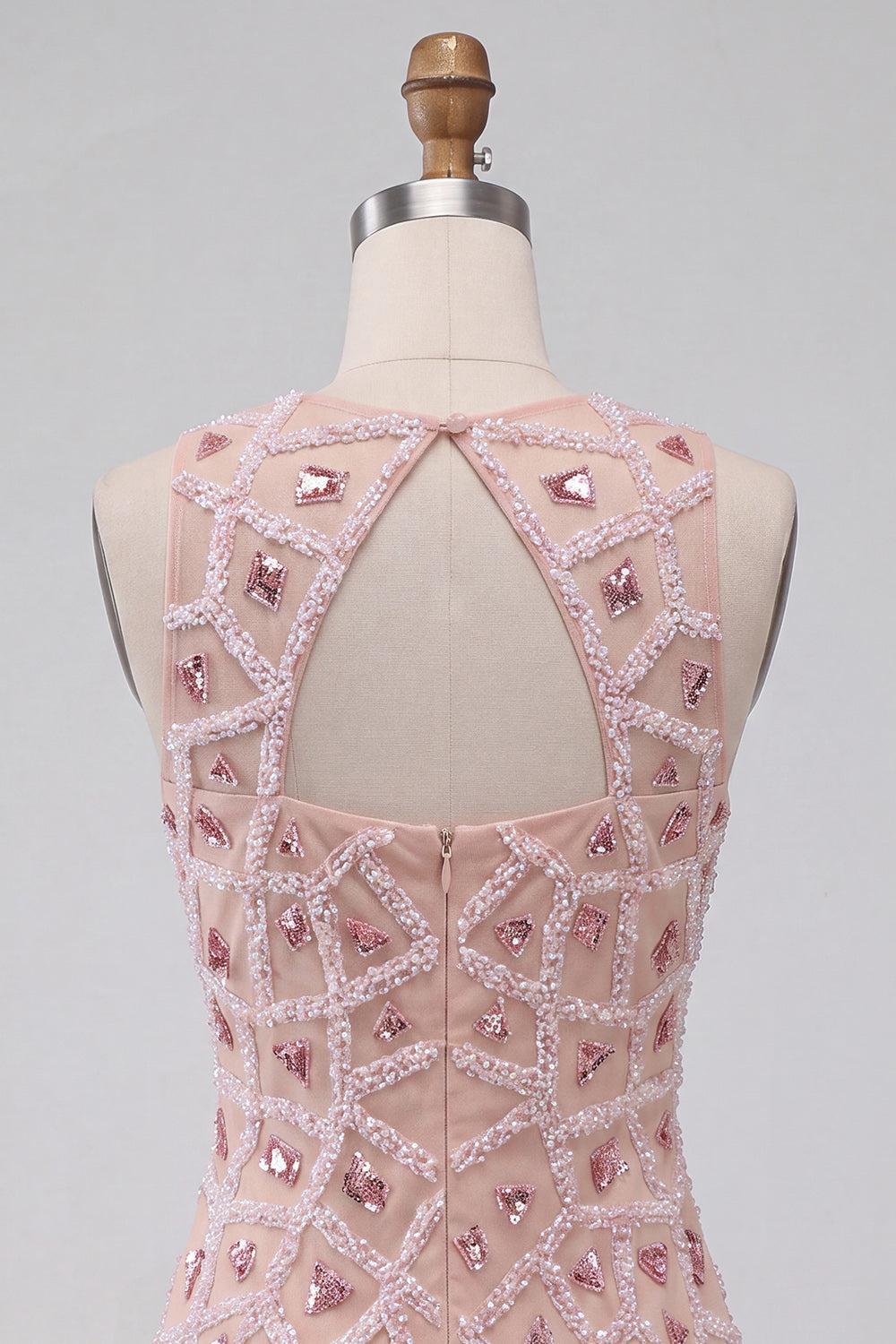 Dressystars Beaded Sequin Blush Round Neck Tight Short Homecoming Dress