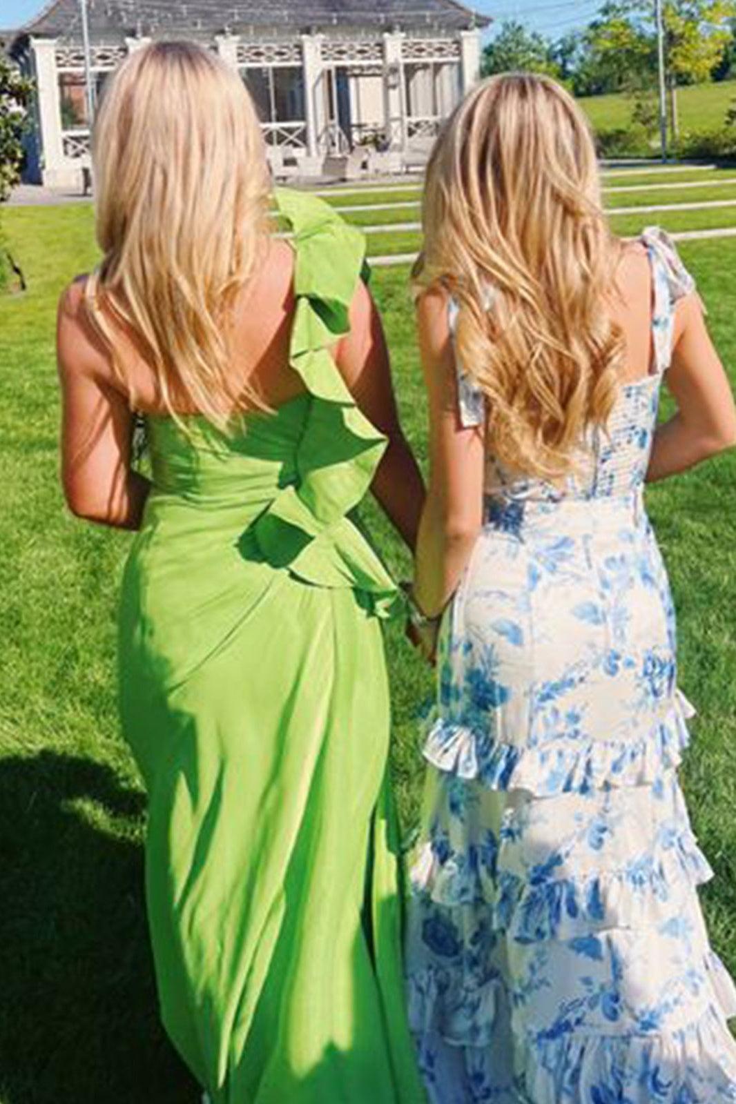 Dressystars Beautiful A Line Sweetheart Blue Printed Long Prom Dress With Ruffles Formal Evening Gown