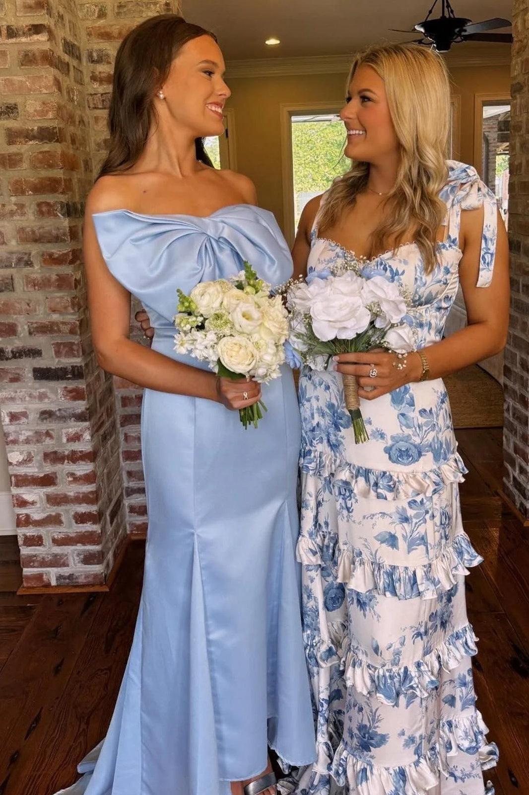 Dressystars Beautiful A Line Sweetheart Blue Printed Long Prom Dress With Ruffles Formal Evening Gown