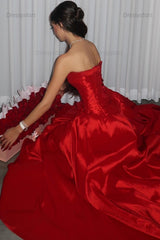 Dressystars Beauty A Line Strapless Red Satin Long Prom Dress With Ruched Formal Evening Gown