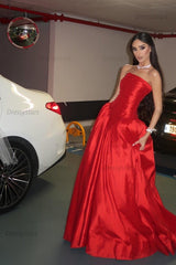 Dressystars Beauty A Line Strapless Red Satin Long Prom Dress With Ruched Formal Evening Gown