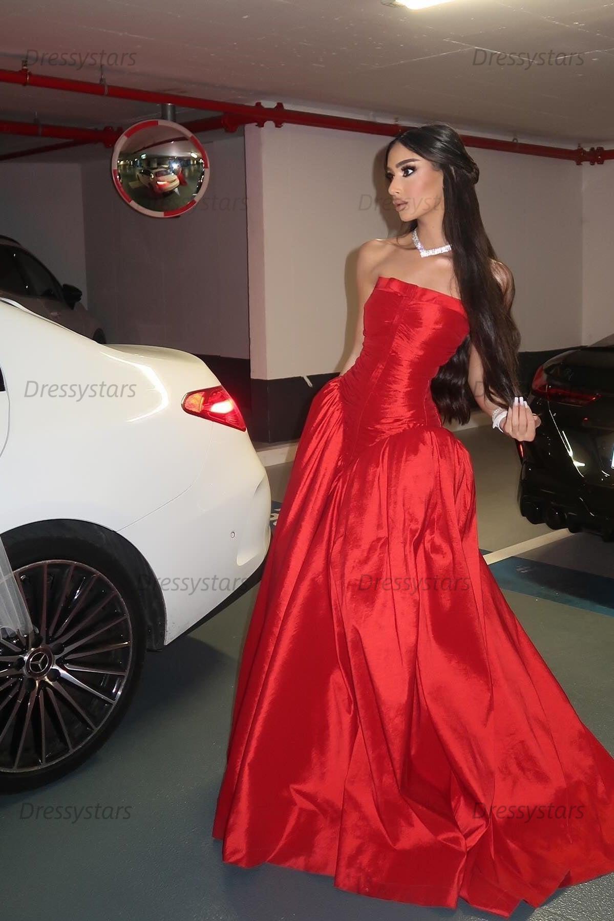 Dressystars Beauty A Line Strapless Red Satin Long Prom Dress With Ruched Formal Evening Gown