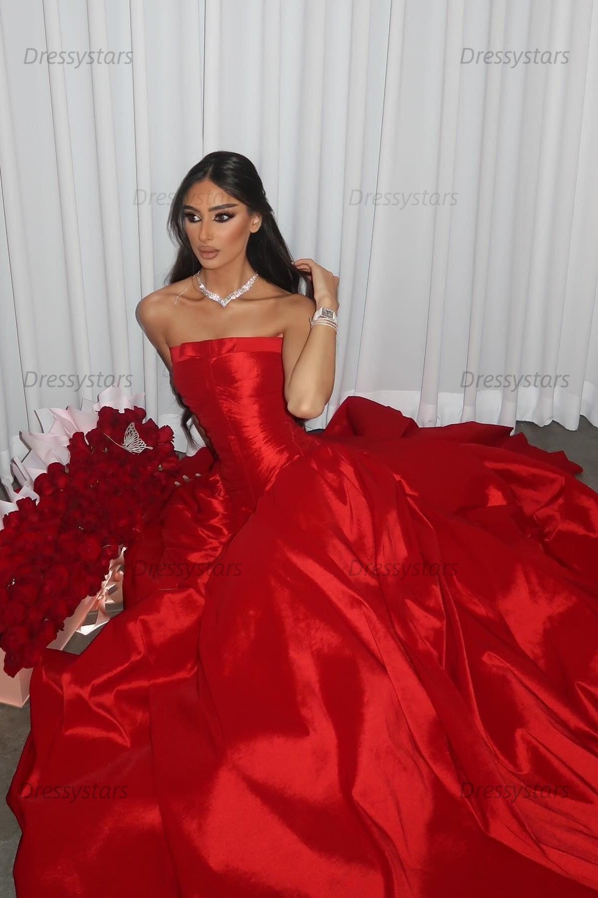 Dressystars Beauty A Line Strapless Red Satin Long Prom Dress With Ruched Formal Evening Gown