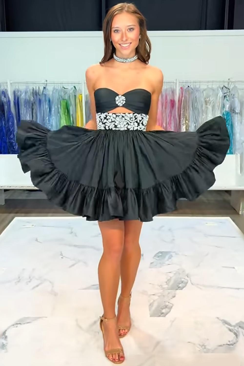 Dressystars Black A Line Homecoming Dresses Keyhole Short Cocktail Dresses With Rhinestones