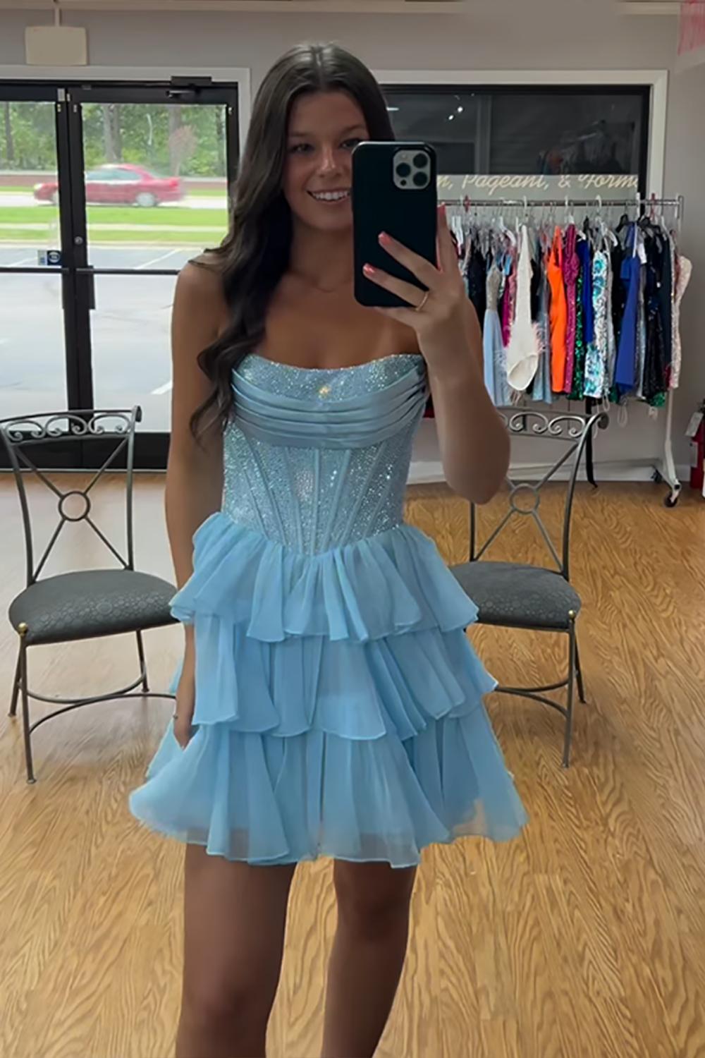 Dressystars Black Beaded Corset A Line Homecoming Dresses Short Cocktail Dresses With Ruffles