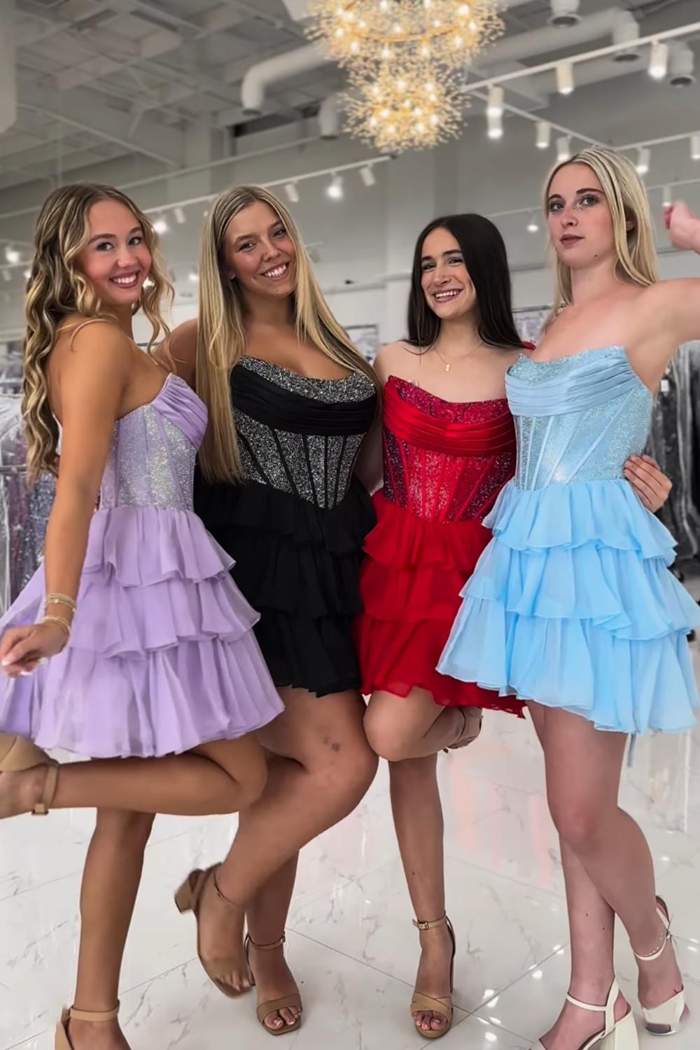 Dressystars Black Beaded Corset A Line Homecoming Dresses Short Cocktail Dresses With Ruffles
