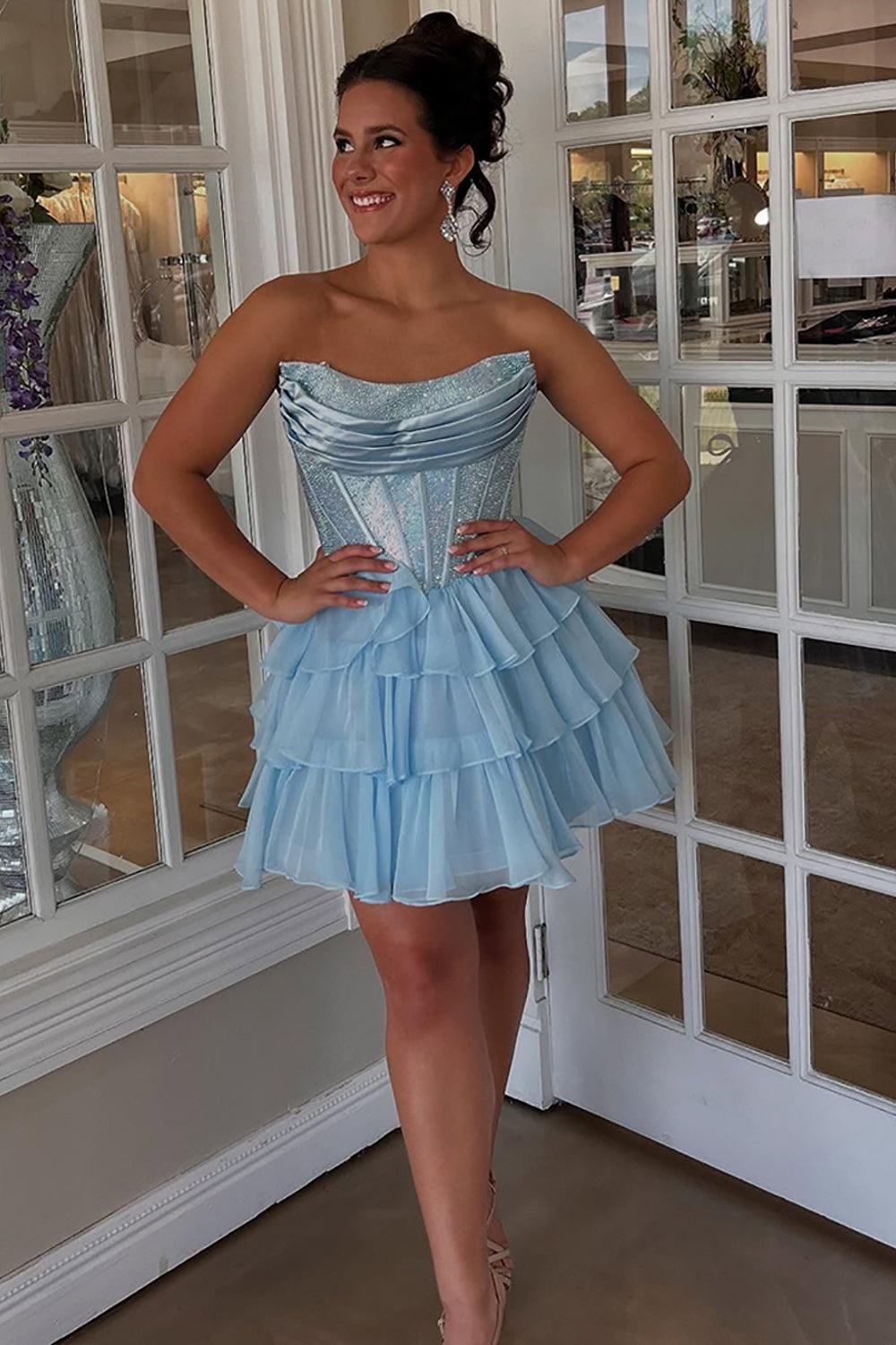 Dressystars Black Beaded Corset A Line Homecoming Dresses Short Cocktail Dresses With Ruffles