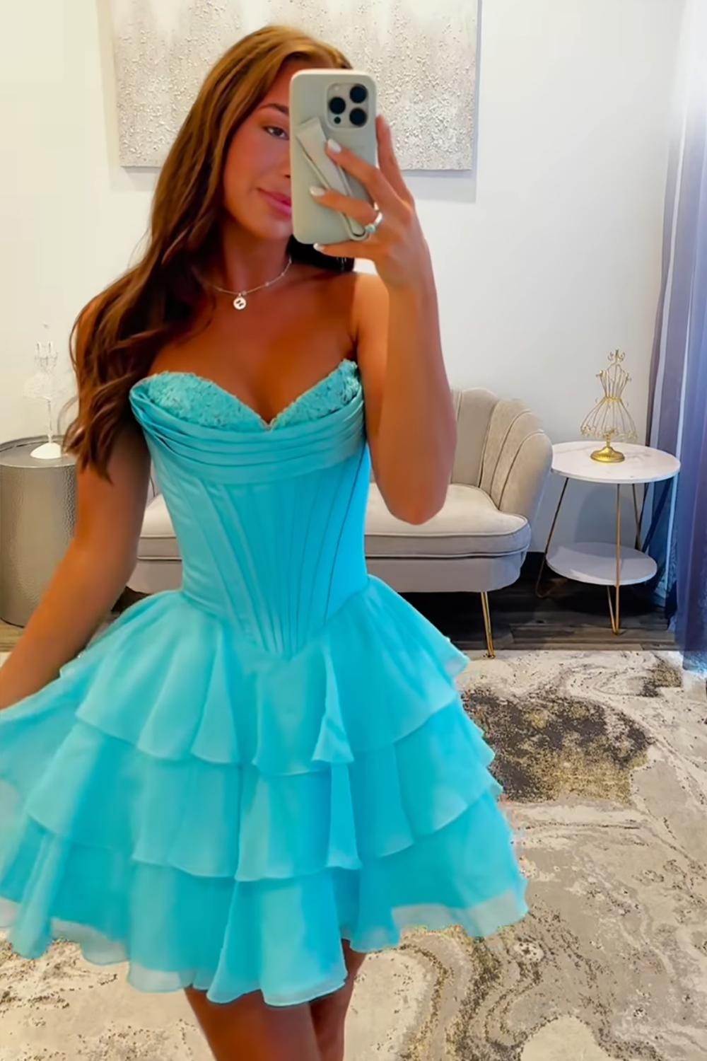 Dressystars Black Corset A Line Homecoming Dresses Short Cocktail Dresses With Ruffles