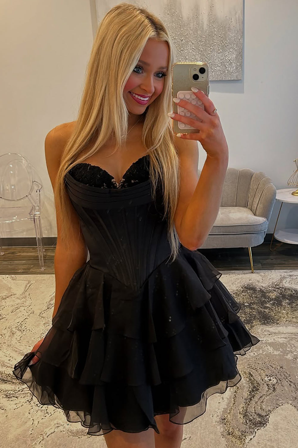 Dressystars Black Corset A Line Homecoming Dresses Short Cocktail Dresses With Ruffles