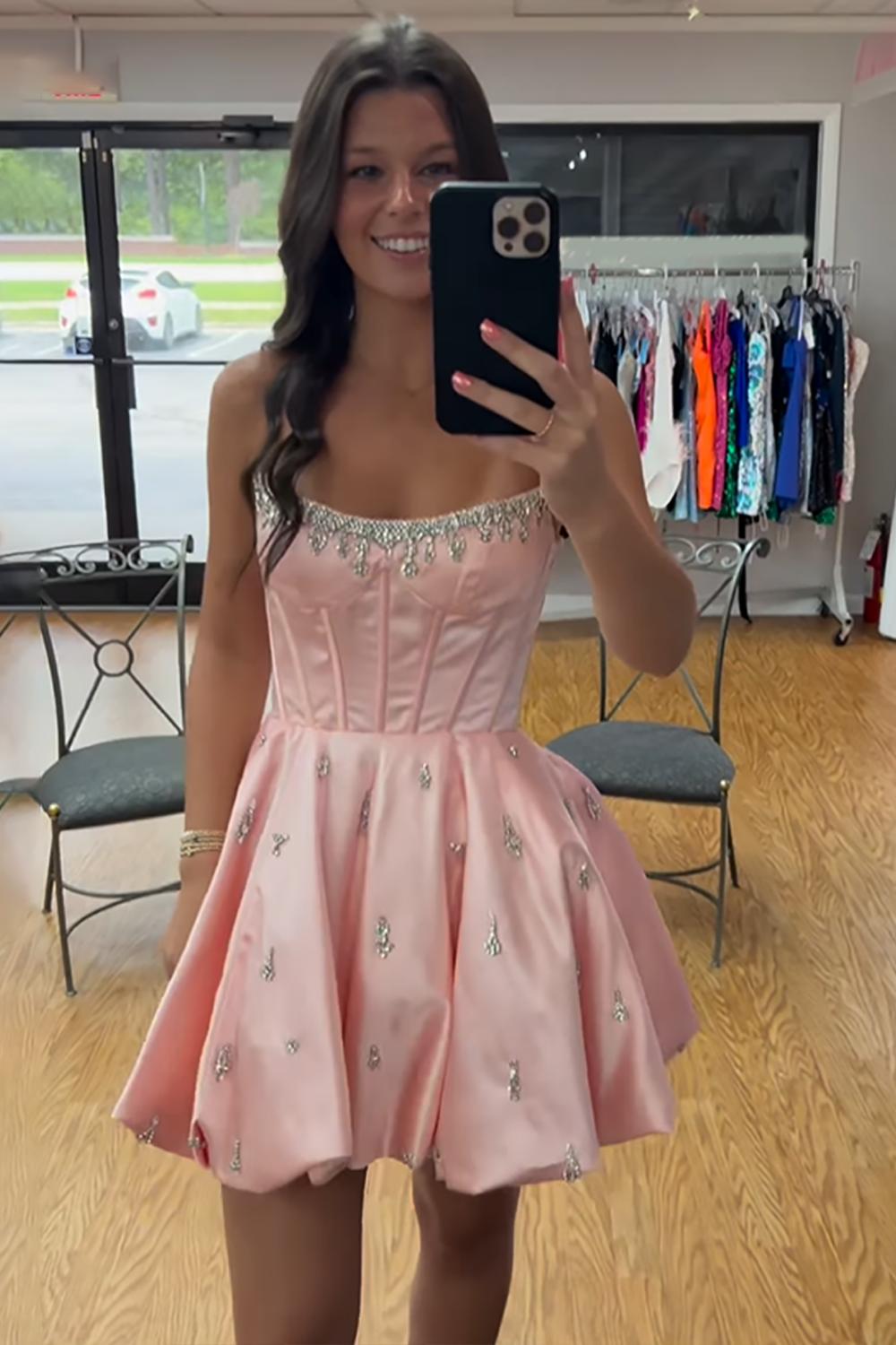 Dressystars Black Corset Homecoming Dresses Strapless Short Cocktail Dresses With Rhinestone