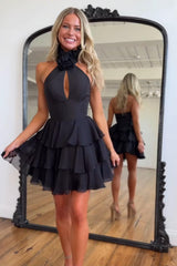 Dressystars Black Floral Homecoming Dresses High Neck Short Cocktail Dresses With Ruffles