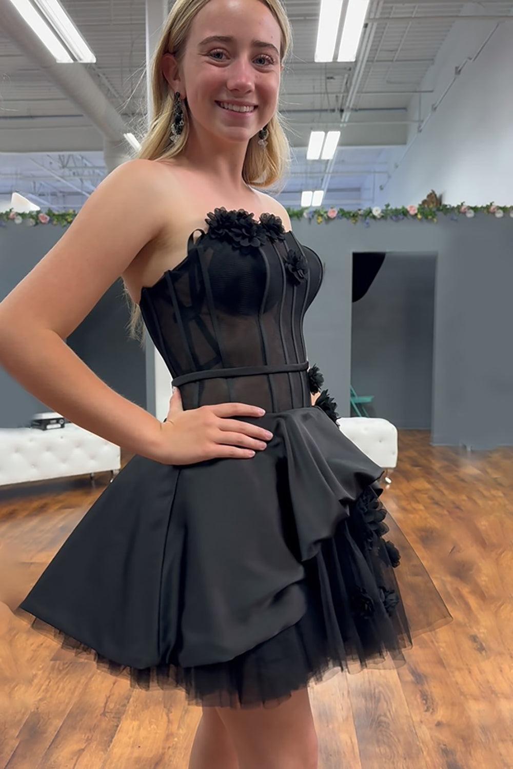 Dressystars Black Floral Strapless A-Line Corset Short Homecoming Dress