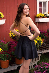 Dressystars Black Homecoming Dress A Line Backless Halter Short Prom Dress with Lace