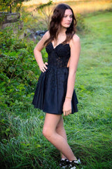 Dressystars Black Homecoming Dress A Line Backless Halter Short Prom Dress with Lace