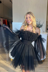 Dressystars Black Homecoming Dress A-Line Detachable Long Sleeves Tulle Short Prom Dress