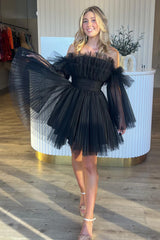 Dressystars Black Homecoming Dress A-Line Detachable Long Sleeves Tulle Short Prom Dress