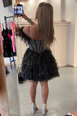 Dressystars Black Homecoming Dress Beaded Corset Ruffled Short Prom Dress With Feathers