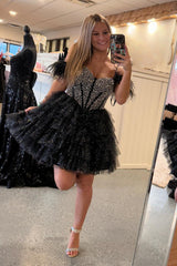 Dressystars Black Homecoming Dress Beaded Corset Ruffled Short Prom Dress With Feathers