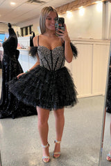 Dressystars Black Homecoming Dress Beaded Corset Ruffled Short Prom Dress With Feathers