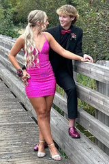 Dressystars Black Homecoming Dress Beaded Lace-Up Back Tight Short Prom Dress
