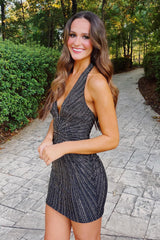 Dressystars Black Homecoming Dress Beaded Tight Halter Short Prom Dress