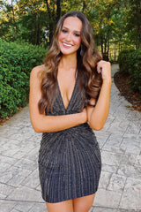 Dressystars Black Homecoming Dress Beaded Tight Halter Short Prom Dress