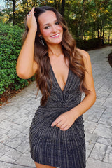 Dressystars Black Homecoming Dress Beaded Tight Halter Short Prom Dress