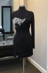 Dressystars Black Homecoming Dress BeadedOne Shoulder One Sleeve Tight Short Prom Dress