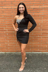 Dressystars Black Homecoming Dress BeadedOne Shoulder One Sleeve Tight Short Prom Dress